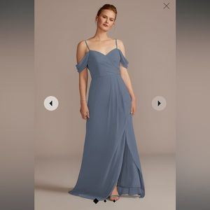 Navy blue chiffon off-the-shoulder bridesmaid dress